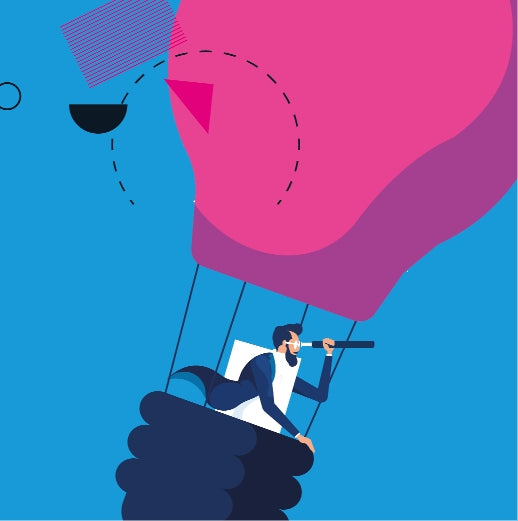 Un homme dans une montgolfière avec une long vue regarde vers l'horizon. C'est un entrepreneur qui souhaite développer sa micro-entreprise, son auto-entreprise.